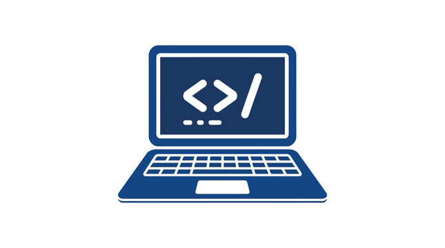 A blue laptop displays coding symbols on its screen.