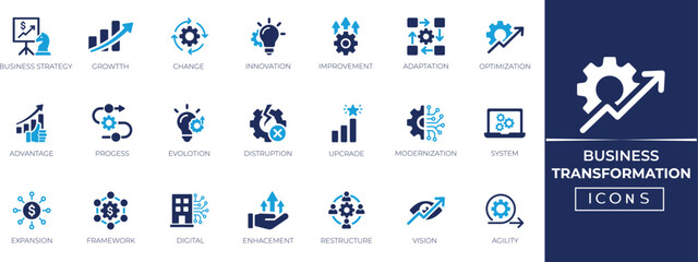 Business transformation icon set. Digital evolution, strategic growth, process improvement, innovation, and corporate optimization symbols. © SokretiRani