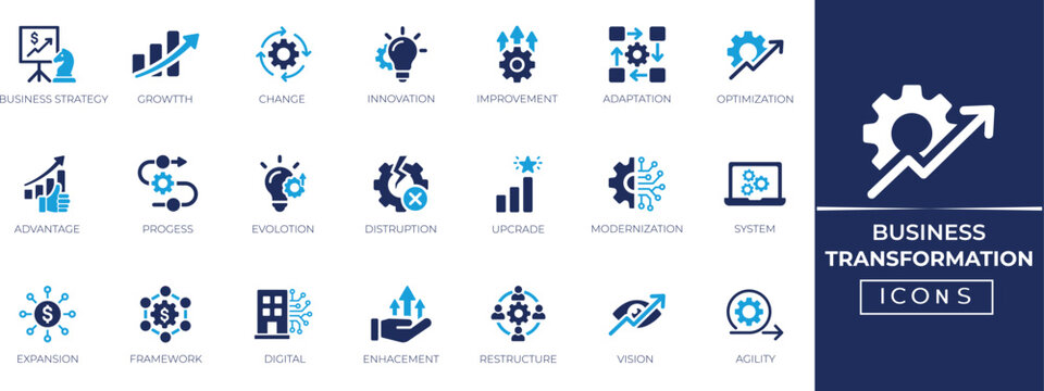 Business transformation icon set. Digital evolution, strategic growth, process improvement, innovation, and corporate optimization symbols.