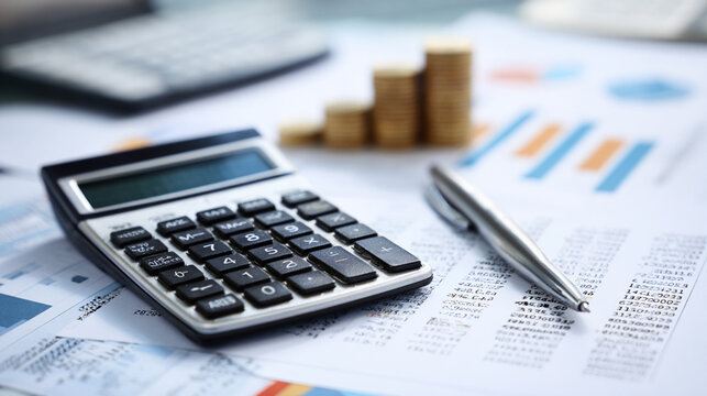 A close-up view of a calculator, paper documents, and coins on a desk. This setup represents financial calculations, budgeting, and accounting in a professional environment.