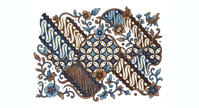 Traditional Indonesian Batik Pattern with Floral and Bird Ornaments