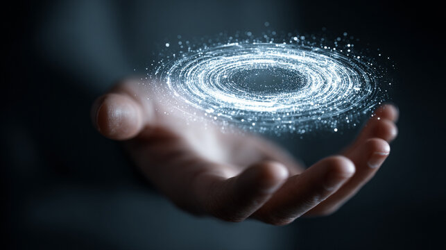 A hand gestures towards a luminous, swirling galaxy of sparkling particles, symbolizing the wonders of the universe and the mysteries of space exploration.