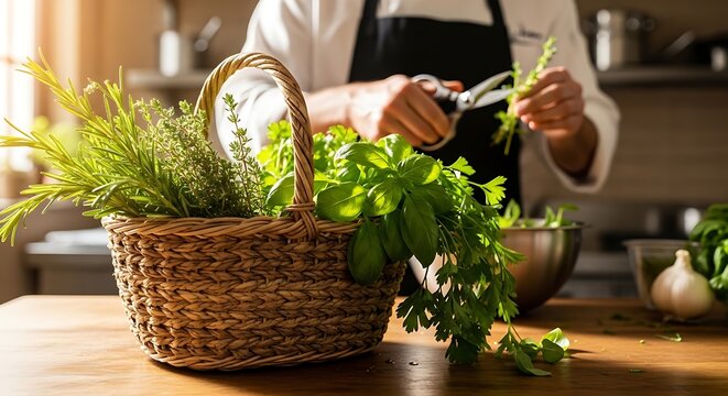 Fresh herbs in a wicker basket on a kitchen counter