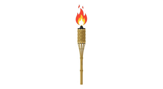 Bamboo Tiki Torch with Bright Flame on White Background.