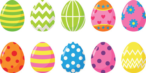 Bright Easter egg collection with floral, striped and polka dot patterns, colorful spring holiday vector set for festive designs, greeting cards, decorations, and seasonal backgrounds © Galib