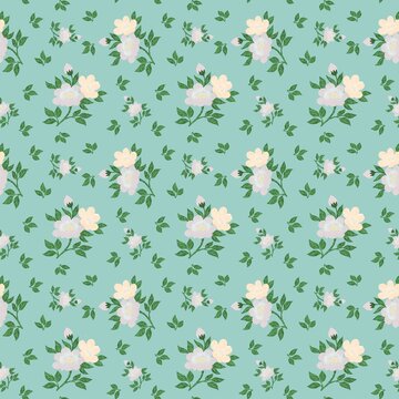 Soft dreamy vintage floral seamless pattern on light teal background.