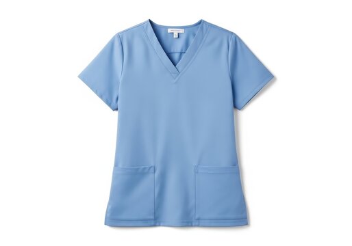 Light blue short-sleeved v-neck scrub top with practical pockets