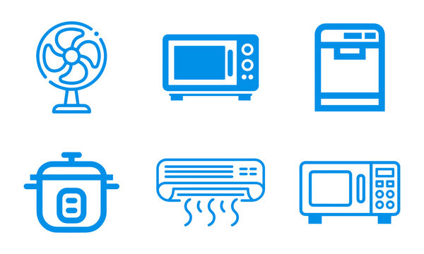 Collection of blue household appliance icons including fans, microwaves, dishwashers, and air conditioners for home interior design.