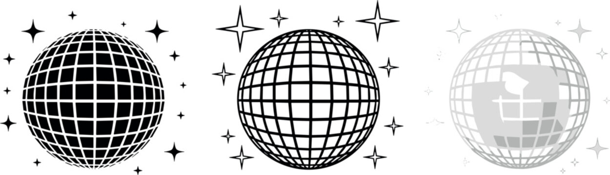 Black and white disco ball vector set with sparkling stars, mirror grid spheres, retro party elements, and nightlife celebration illustration icons
