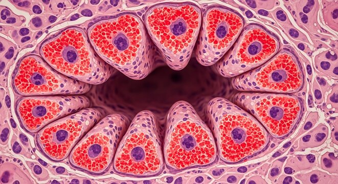 Human intestinal epithelial cells under microscope
