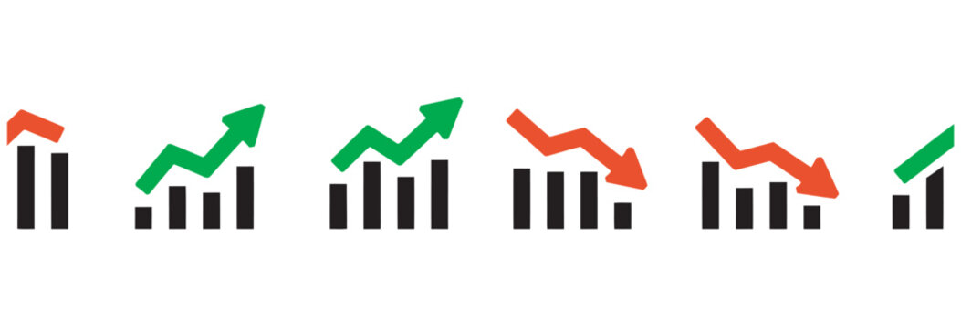Collection of bar chart icons showing financial growth and decline.
