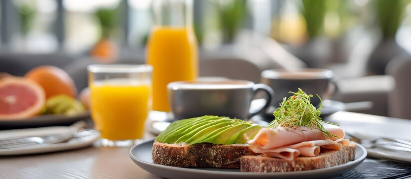 Mediterranean breakfast: coffee, toast, and orange juice