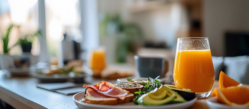 Mediterranean breakfast: coffee, toast, and orange juice
