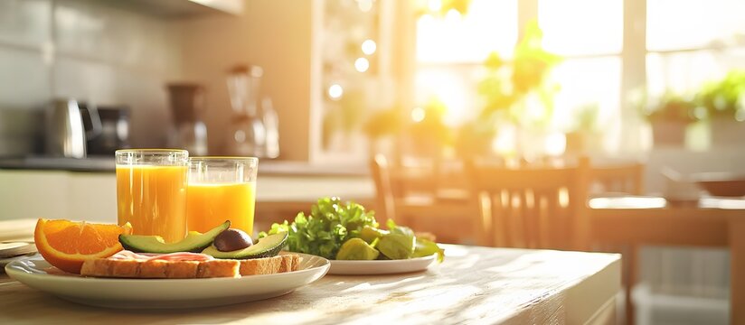 Breakfast with avocado and ham toast and orange juice