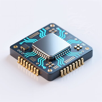Central microchip on blue mother circuit, gold contacts, white background, detailed technology elements, sleek and modern visual presentation of circuitry and chip.
