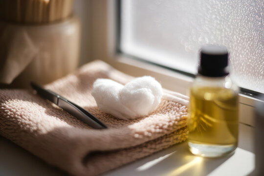 A cozy bathroom scene with a folded towel, cotton balls, tweezers, and a small bottle of oil by a foggy window.