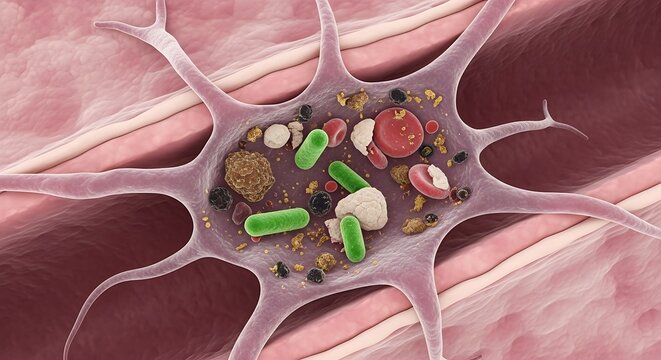 Phagocytosis process with various particles inside a cell
