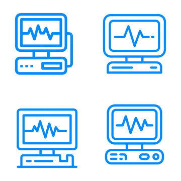 Set of four blue line art icons representing hospital heart rate monitors and medical diagnostic equipment for clinical care.