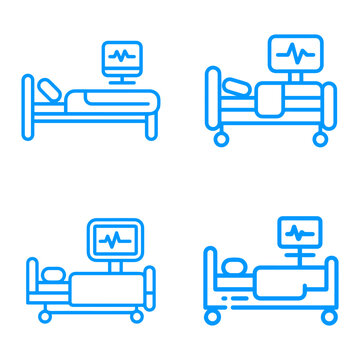 Collection of four blue line art icons showing hospital beds with patient heart rate monitors for medical care and recovery.