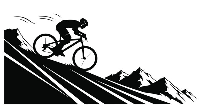 Cyclist rides a mountain bike down a steep slope toward the rocky horizon.