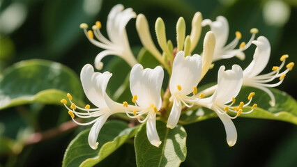 Obraz premium A cluster of white honeysuckle flowers, with stamens dotted with yellow, in a natural environment, photographed with a close-up shot. The background features clear green leaves, and soft sunlight illu