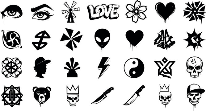 Tattoo Flash Icon Set with Skull, Hearts, Lightning, and More for Tattoo Design and Urban Art Projects