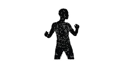 Person stands with arms raised in a pose of celebration or intense physical movement. © Moheeb