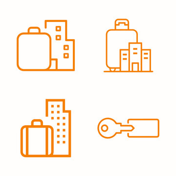 Travel and hotel accommodation icon set featuring suitcases, city buildings, and a room key for tourism and hospitality industry.