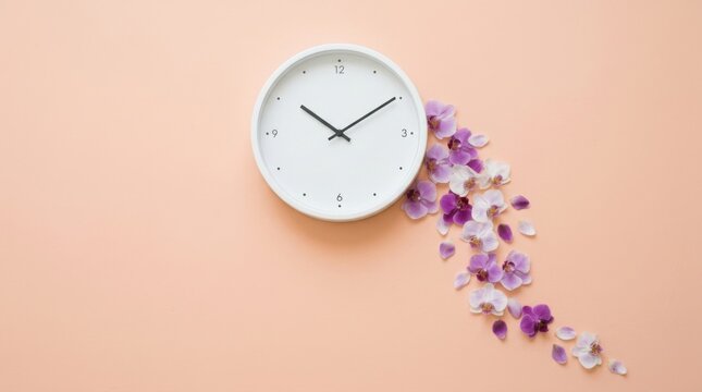Modern Wall Clock with Decorative Flowers on Peach Background
