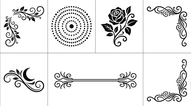 Black Decorative Floral Ornaments Set Featuring Rose Flower Swirl Corner Borders Dotted Mandala and Vintage Filigree Divider Elements