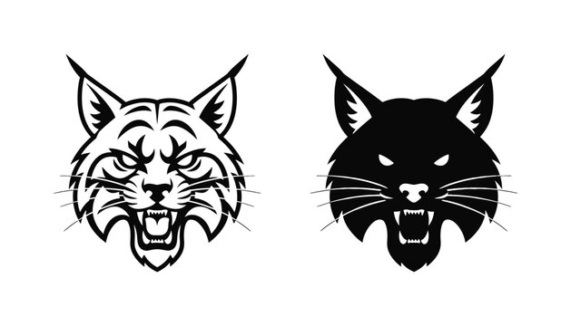 Fierce bobcat head mascot logo design in black and white line art and solid silhouette style for sports team branding or apparel graphic