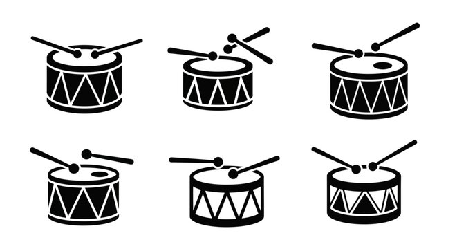 Drum Set Icons: Collection of Six Black and White Drum Illustrations