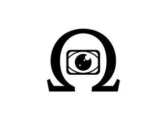 Obraz premium Black omega symbol with camera eye icon on white background