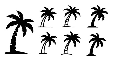 Fototapeta premium Set of Black Palm Tree Silhouettes on White Background, Tropical Island Vibe