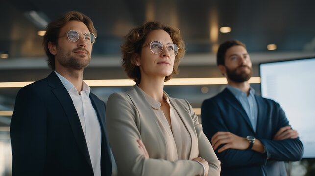 Standing morning briefing where an AI assistant projects a summarized agenda on a wall screen, three colleagues with arms crossed absorbing the output, coffee steam rising in shafts of natural