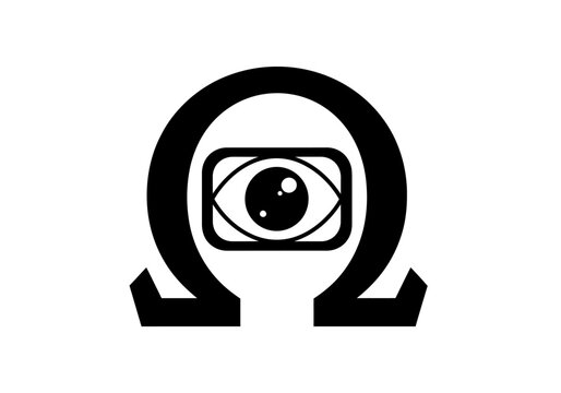 Black omega symbol with central eye icon on white background