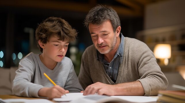 Veteran father attempts to help his son with homework at the kitchen table but stares blankly at the page, son glancing up worried, warm lamp light on cluttered wood surface, ideal for veteran