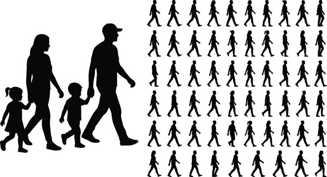 Large Collection of Walking People Silhouettes Featuring a Family with Children and Diverse Crowds in Side Profile View