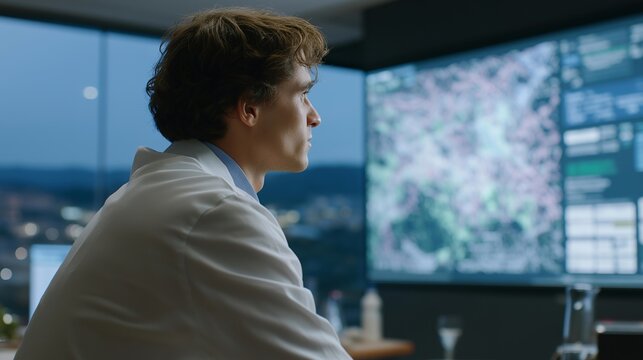 Wide establishing shot of university genomics conference room bathed in sterile white background light, massive multi-omics pathway diagram projected across entire wall, single scientist