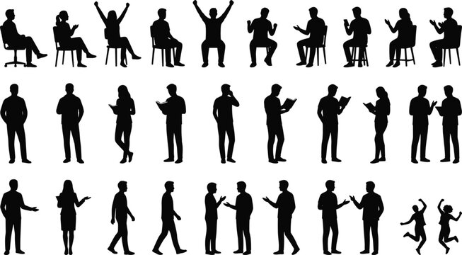 Large Collection of Black People Silhouettes Featuring Men and Women Sitting Standing Reading Talking and Cheering in Various Poses