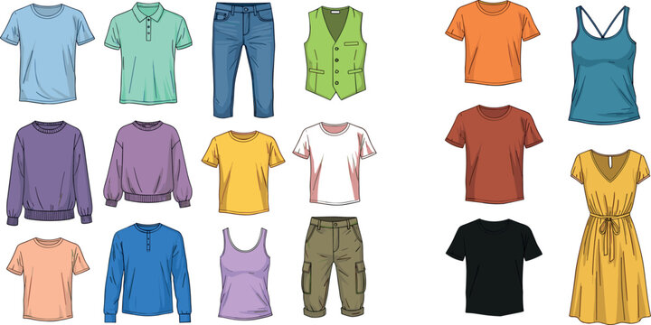 Casual clothing collection with t shirts pants dresses and tops isolated on white background fashion apparel vector illustration set