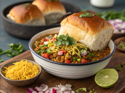 Misal pav food shot  layered textures  vibrant colors