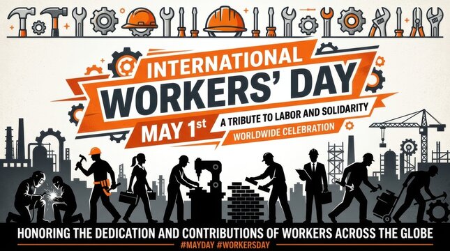 International Workers Day Banner with Silhouettes of Laborers