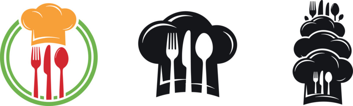 Chef hat logo vector set with kitchen utensils, cooking symbols, restaurant branding icons, and modern culinary design illustration collection