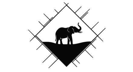 Elephant stands inside a geometric frame design on a clean white background surface. © Moheeb