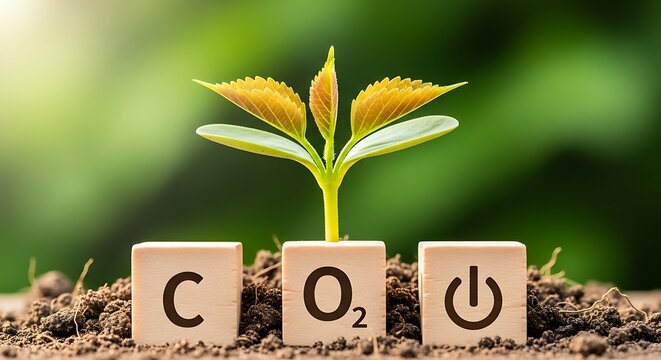 A small green plant grows from the earth between wooden blocks with co2 and power symbols on them outdoors