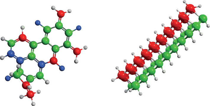 Complex organic molecule structures with detailed atoms and bonds, biochemical compounds and polymer chain 3D vector illustration set