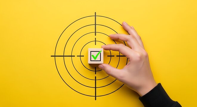 Hand holding a wooden cube with a green checkmark on a yellow background with a target symbol
