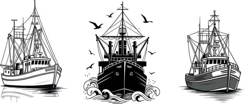 Fishing boat vector set with detailed trawler ships, maritime vessels, ocean waves, and nautical black and white illustration collection