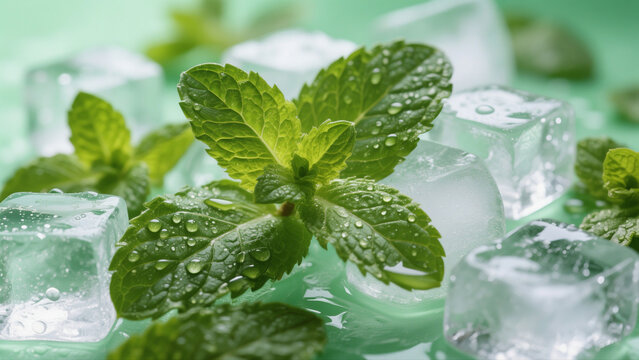 Close-up macro of mint leaves and ice cubes, fresh cool summer vibe